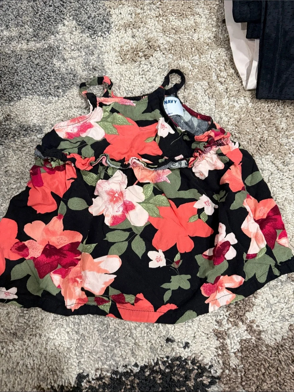 Old Navy Black Tank Top with Coral & Pink Floral Print